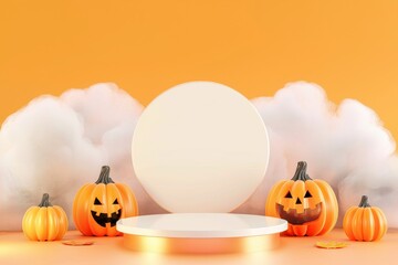 Halloween scene background. Concept Podium or pedestals for products display and pumpkin. Podium stage for Halloween promotions