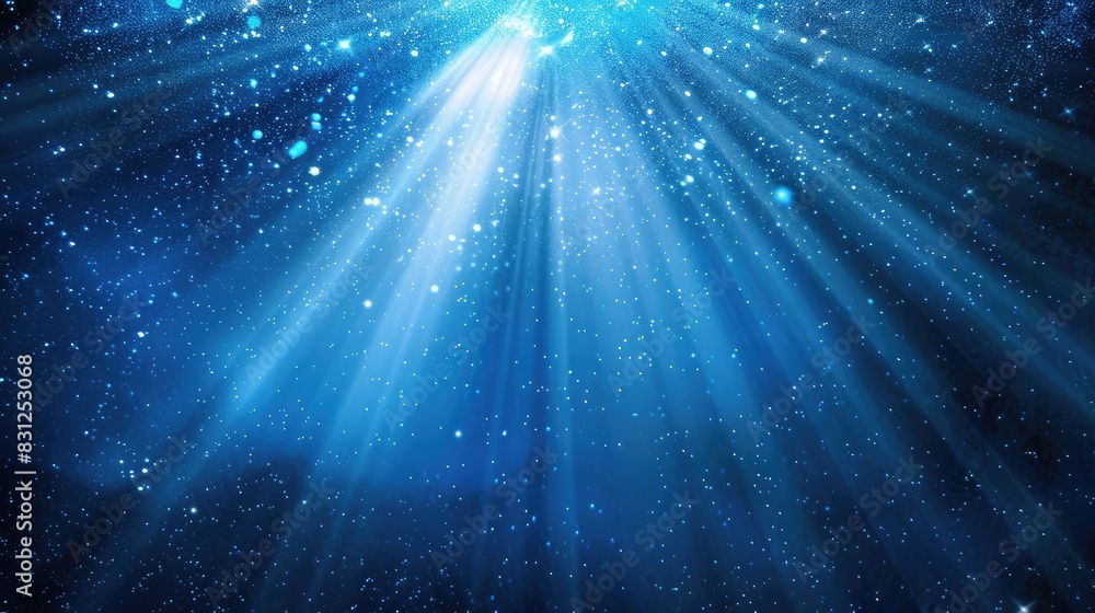 Poster delicate light rays illuminating falling blue glitter particles, creating a magical and looping visu
