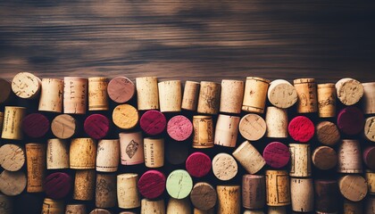 Assorted wine corks on a wooden background, creating a rustic and textured composition, perfect for beverage and wine-themed projects.