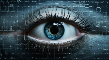 Close-up of a human eye with a digital, futuristic background, illustrating technology, cyber security, and innovation.