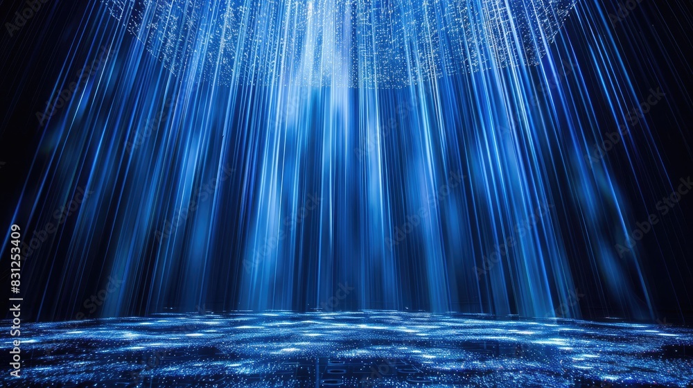 Poster delicate light rays illuminating falling blue glitter particles, creating a magical and looping visu