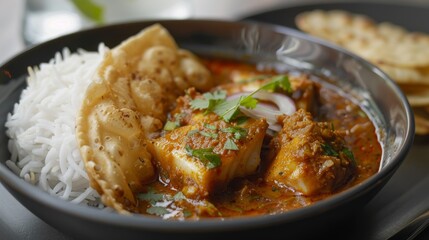 Spicy and tangy fish curry served with steamed rice and crispy poppadoms, offering a delicious taste of coastal Indian cuisine