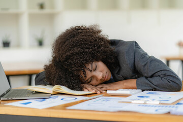 Tired businesswoman with headache at office feeling sick at work action Work too hard and too late,...