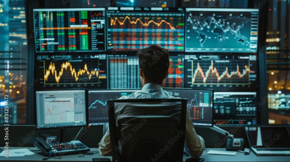 Poster a man is seated at a desk, focusing on multiple monitors displaying information and data.