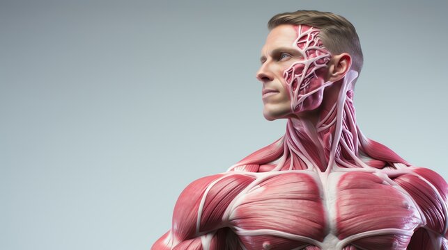 Detailed illustration of a male muscular system, highlighting anatomy and muscle structure on a neutral background.