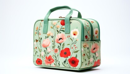 Floral-patterned green travel bag with multiple compartments. Ideal for travel and storage. Stylish and practical for everyday use.