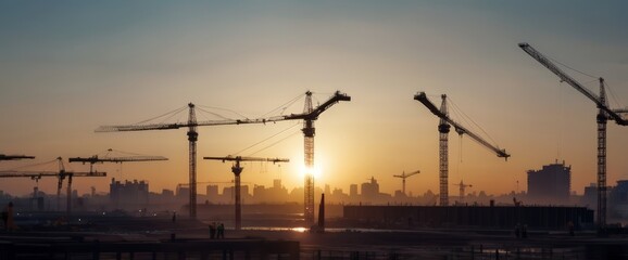 Silhouette of Engineer and worker on building site, construction site at sunset in evening time. Urban Construction Landscape, Ideal for architectural firms, construction companies, and real estate ag
