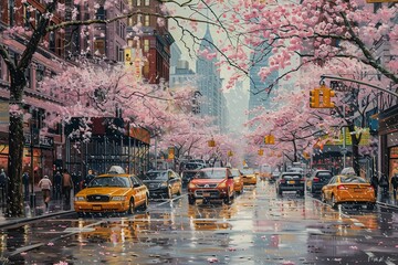 Obraz premium A picture of a busy new york city street with cherry blossom trees in the spring rainy day Painterly Hyperrealistic oil painting