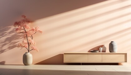 Minimalist living room with a wooden console table, ceramic vases, and artistic lighting casting shadow lines on a pastel pink wall