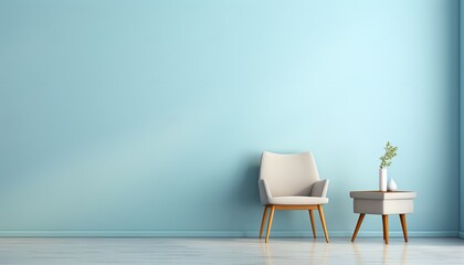 Minimalistic living room with light blue wall, comfortable armchair, and a small side table with a plant decor, modern interior design.