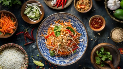 Spicy papaya salad with crispy pork skin and fermented fish sauce, served with sticky rice and fresh vegetables, a classic Thai comfort food favorite