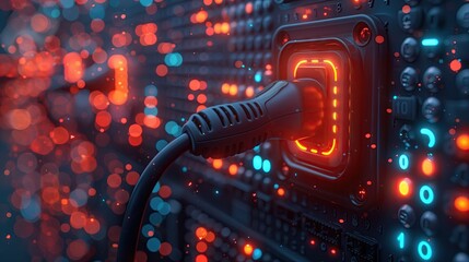 Future EV car electric plug and battery charger blue abstract digital binary code background the concept of renewable and sustainable energy new future system technology symbol