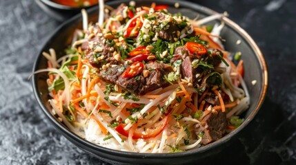 Spicy Thai papaya salad served with grilled beef and sticky rice, offering a perfect balance of flavors and textures in this beloved Thai street food favorite
