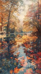 Serene autumn landscape with vibrant foliage reflecting on a calm lake, capturing the beauty of nature in the fall season.