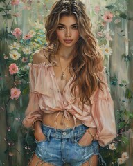 Monet style shabby chic oil painting woman with long wavy brown hair with side swept bangs, brown eyes, wearing an flowing blouse that is a blush pink