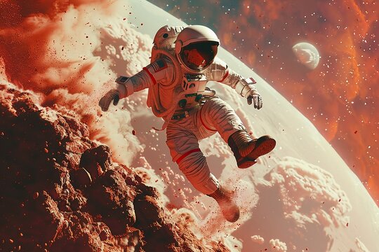 an astronaut breakdancing on Mars, performing a downrock and freezes Mars two moons are on the horizon There is red rock, stars, planets, and the galaxy