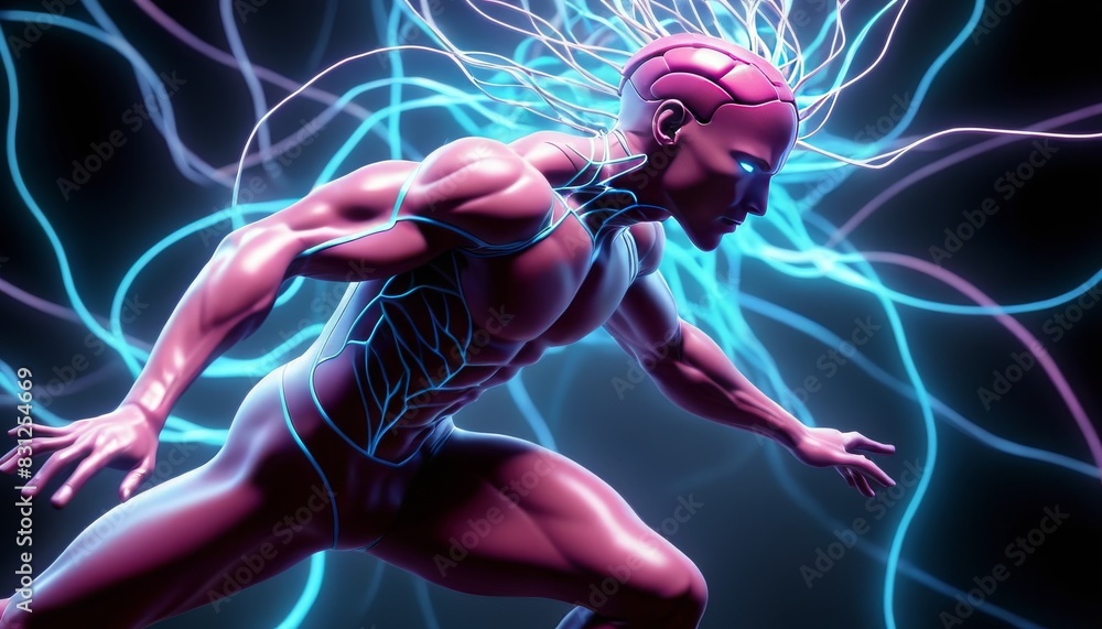Poster a futuristic digital illustration of a runner with a glowing blue neural network, displaying dynamic