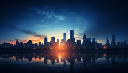 Stunning city skyline at sunset with vibrant colors reflected in the water, creating a serene urban landscape.