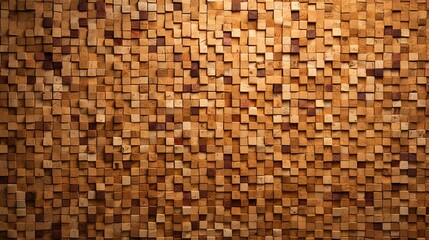Textured wooden block wall background showcasing an intricate arrangement of variously sized wooden blocks for a rustic and artistic effect.