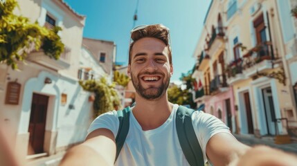 Fototapeta premium man with summer clothes taking a selfie with palm trees and daytime streets in high resolution and high quality
