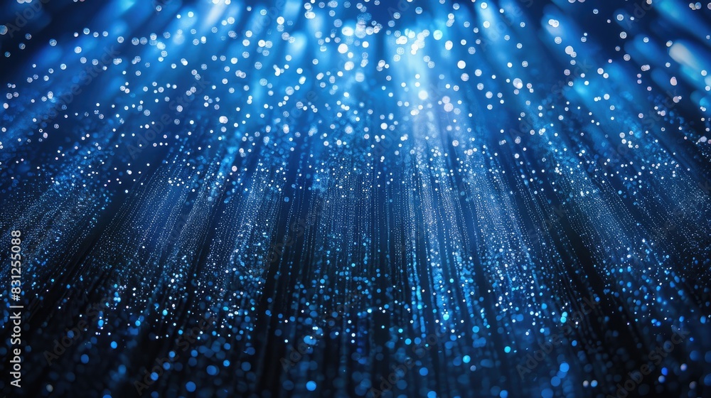 Poster continuous loop of enchanting blue glitter particles descending in soft, delicate light rays