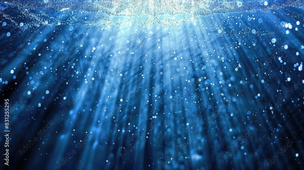 Poster continuous loop of enchanting blue glitter particles descending in soft, delicate light rays