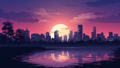 A breathtaking sunset casts a purple and pink hue over the city skyline, reflected in the calm water of a lake, creating a serene atmosphere.