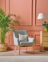 Intérieur de salon moderne avec fauteuil et plantes vertes, lampe, armoire_