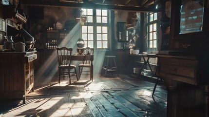 Sunlight streaming into a rustic kitchen with vintage furniture and wooden floors, creating a warm, nostalgic, and cozy atmosphere.