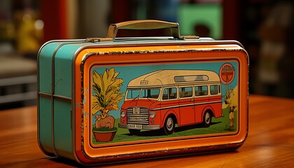 Vintage tin lunchbox with retro bus design on wooden table, nostalgic and colorful.