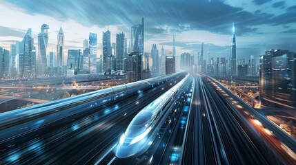 Fototapeta premium high speed train in a city with sweeping effect at night