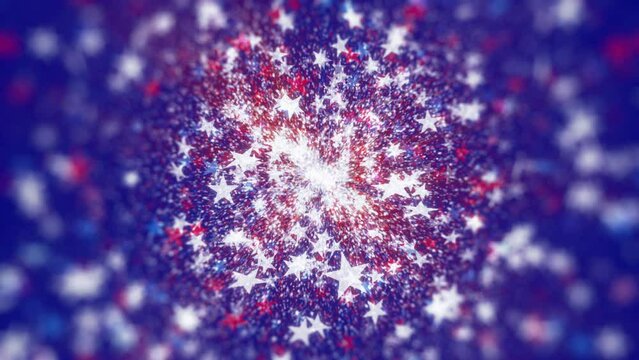 Fourth of July red, white and blue stars confetti background with a loopable section between 10 and 20 seconds. For USA American Independence Day and patriotic celebrations.