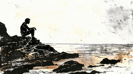 A silhouette of a man sitting on rocky shore, gazing at the sea, creating a serene and contemplative atmosphere in a minimalist black and white style.