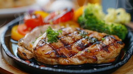 Succulent grilled chicken steak served with fresh vegetables on a sizzling hot plate, tantalizing the taste buds with savory flavors