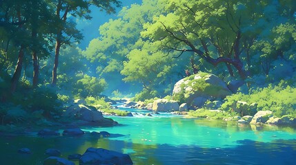 Dense Forest and Clear River: Draw a picture of a dense forest with a clear river flowing through it. Use the clear blue of the water and the deep green of the forest to be crisp and vivid.