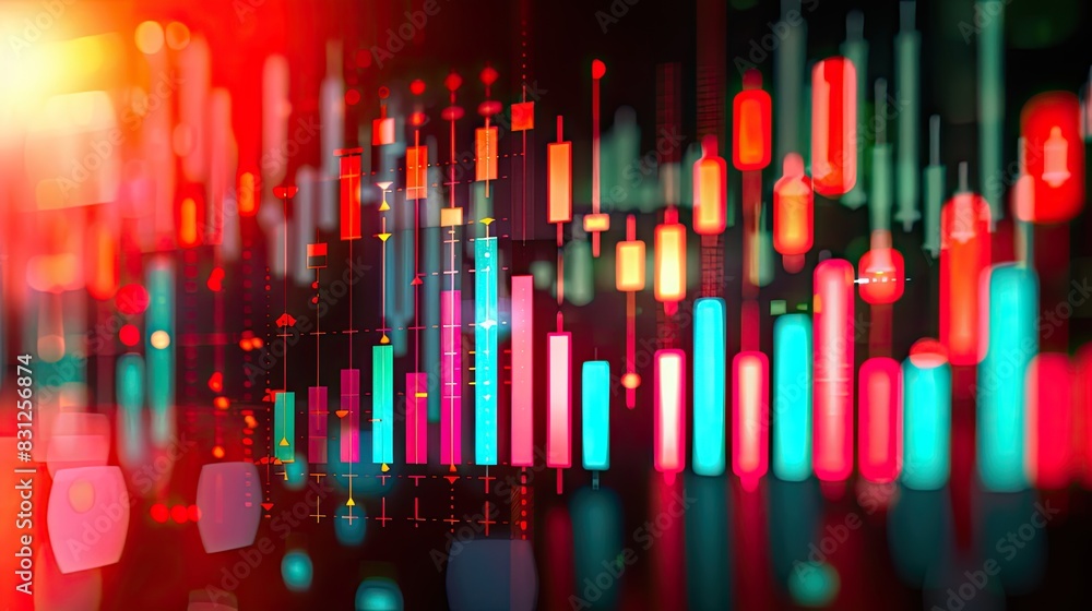 Poster abstract financial chart with colorful bars and graphs representing stock market trends and data ana