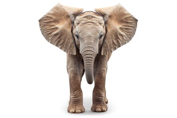Obraz premium Adorable baby elephant with big ears and a small trunk isolated on white background