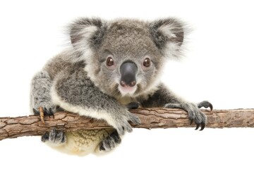 Fototapeta premium Adorable baby koala clinging to a branch isolated on white background