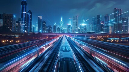 Obraz premium high speed train in a city with sweeping effect at night