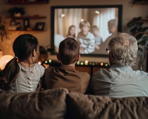 Family watching old home movies, with the father narrating funny stories from the past on Fathers Day
