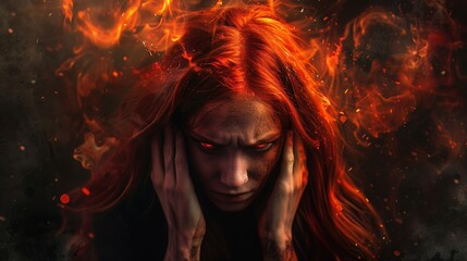 Fiery haired woman in wrath, clutching her skull, forward gaze, on a somber backdrop, embodying anger