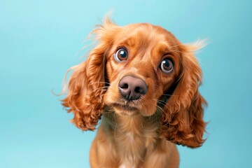 Cute Cocker Spaniel with long ears on a blue background