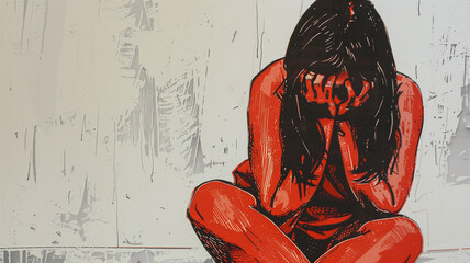 A woman in red sits on the floor with her head down, conveying strong emotions and a sense of distress against a neutral background.