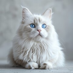 Fluffy white cat sitting on an isolated light grey background, looking directly at the camera with vivid blue eyes, ample space for text