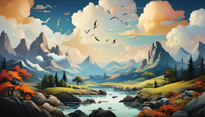 A landscape with birds, clouds, mountains and river to show the beauty of nature