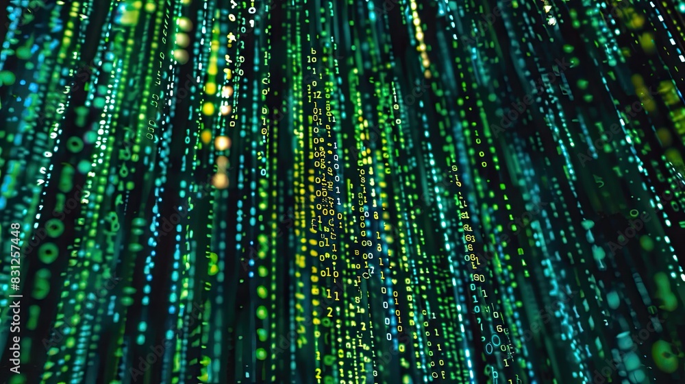 Poster multi-colored code raining down in a digital environment, inspired by the matrix