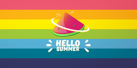 Vector Hello Summer Beach Party horizontal banner Design template with fresh watermelon slice isolated on rainbow background. Hello summer concept label or poster with fruit and typographic text. © zmiter