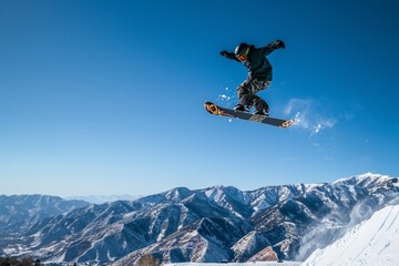 Dynamic Shot of Snowboarder Performing Mid-Air Trick Against Clear Blue Sky