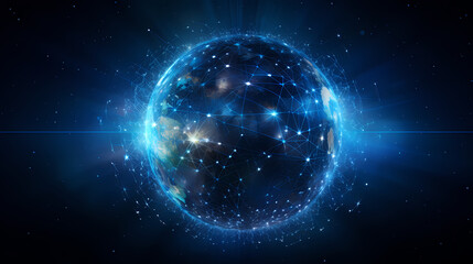 Obraz premium Abstract digital blue earth with glowing connections and lines on dark background
