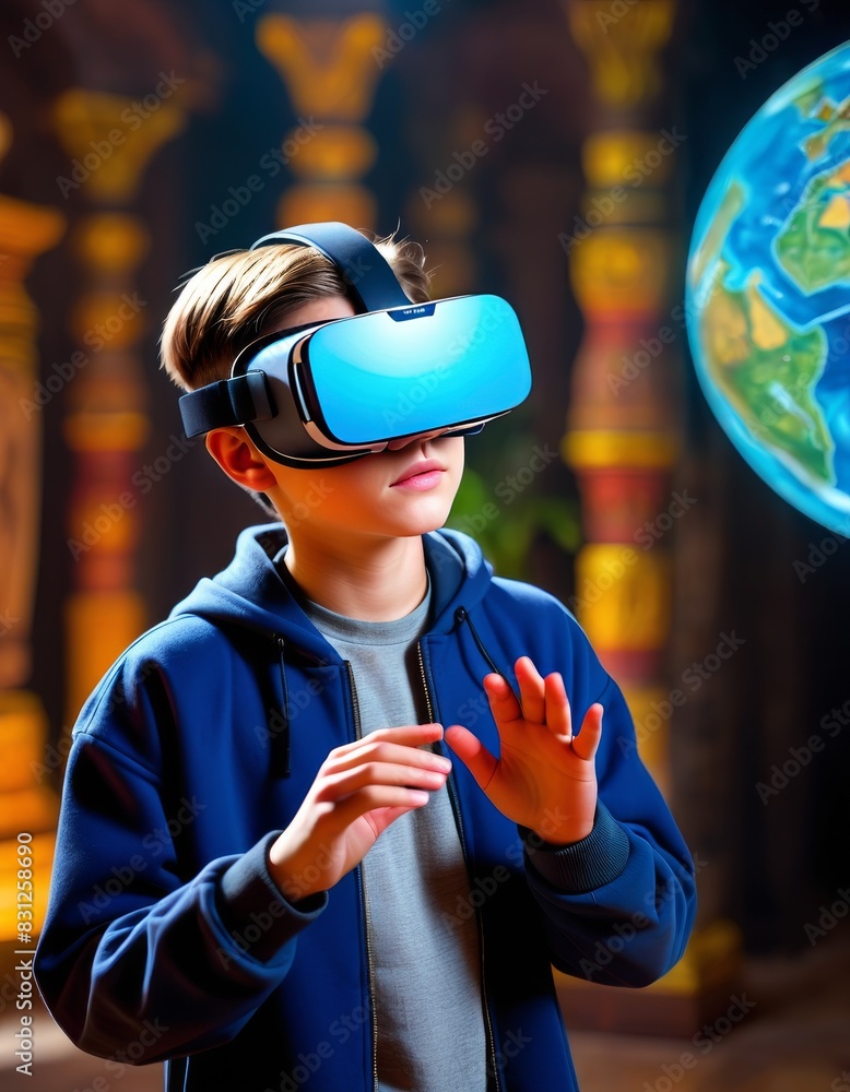 Poster Young boy wearing a VR headset, experiencing a virtual world in an immersive environment. His hands are outstretched as if interacting with virtual objects, with a globe in the background hinting at